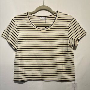 Rumored Beige and Black Striped Short Sleeve Top